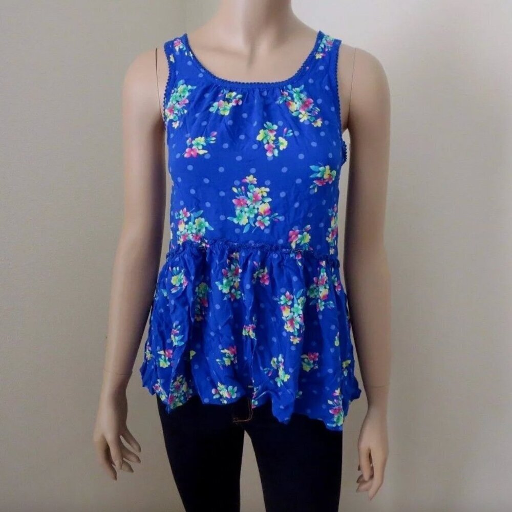 Hollister Womens Tank Top Floral Shirt Size XS Royal Blue Polka Dot Blouse